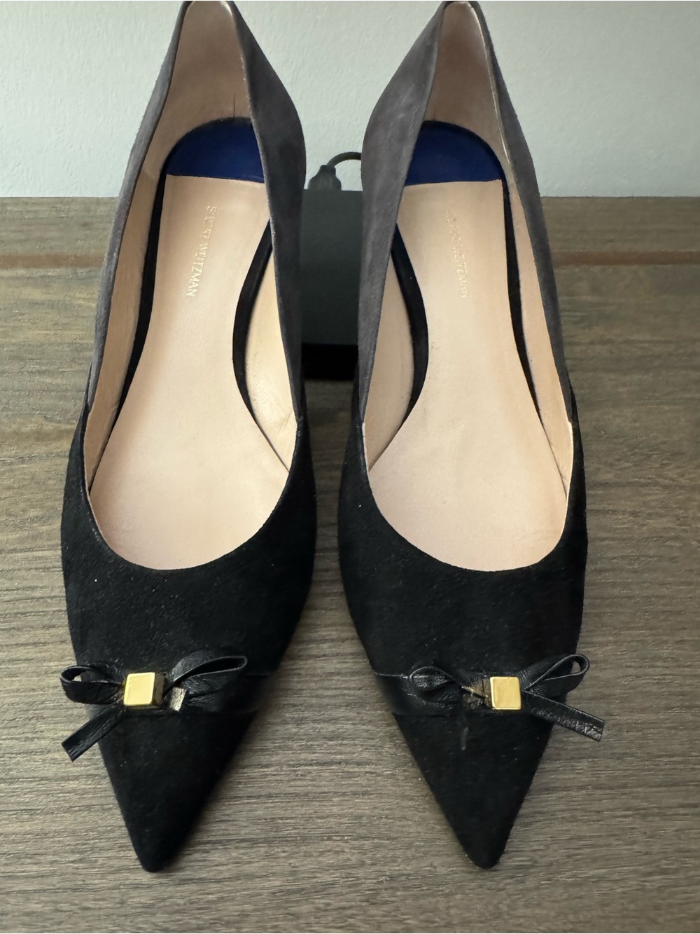 Stuart Weitzman Black and Gray Pointed Toe Suede Pumps - Gold Accent